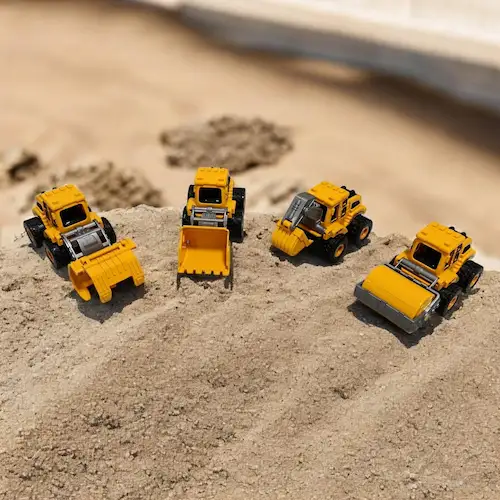 עבור חובבי רכבי עבודה הרכבנו סט Super Truck של 4 טרקטורים ורכבי בנייה לילדים בעלי מנגנון דחיפה כפול (קדימה אחורה) - זרועות וכפות מתכווננים לשעות של הנאה.