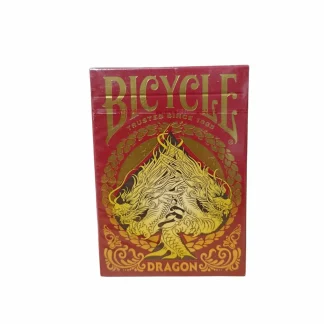 חפיסת קלפי בייסיקל דרגון עם עיצוב דרקונים זהובים על רקע אדום, גימור Air-Cushion קלאסי. Bicycle Dragon היא חפיסה מעוצבת לקוסמים, קלפנים ואספנים.