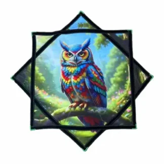 דאפו ינשוף, בד מסתובב 8 צלעות עם הדפס ינשוף מאויר בצבעי הקשת מגיע במידה של 69X69 ס"מ ומשקל 340 גרם בעל תפר זיג-זג עמיד ומתאים למתחילים ולמקצוענים.